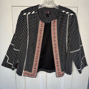 Rafaella Women's Size PM Striped Woven Textured Open Front Embroidered Jacket